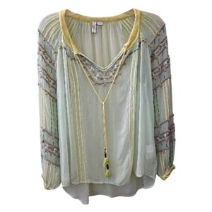 Blank London Pale Green and Yellow Sheer Embroidered Peasant Blouse - Size XS
